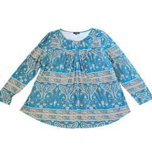 A.jesdani Shirt Women 2X Blue Tan Paisley Bohemian Stretch Blouse Long Sleeve